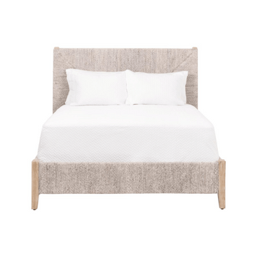 A beige Carolina Woven Cal King Bed with white bedding, made of sustainable natural Abaca Rope and Solid Mahogany Wood.